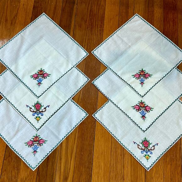 Vintage Linen Napkins – 10” Square with Cross-Stitch Floral Design set of 6 - Picture 1 of 13